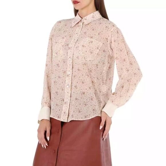 NWOT Chloe Silk Dew Pink C Micro Flower Motif Button Up Blouse Women’s Size 10 - Picture 2 of 16